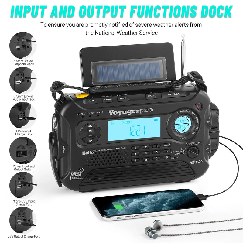 Load image into Gallery viewer, Kaito Voyager Pro KA600 Digital Solar Crank AM/FM/LW/SW NOAA Weather Radio Black
