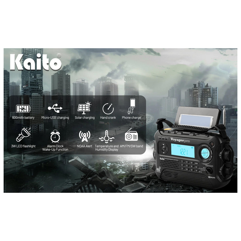 Load image into Gallery viewer, Kaito Voyager Pro KA600 Digital Solar Crank AM/FM/LW/SW NOAA Weather Radio Black
