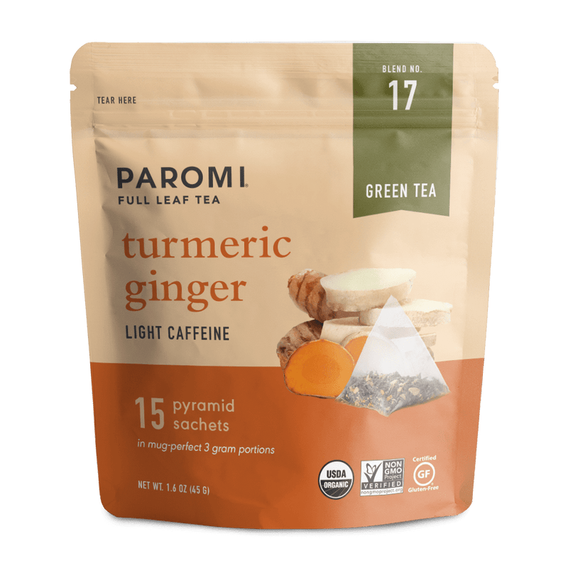 Load image into Gallery viewer, Organic Turmeric Ginger Green Tea, Full Leaf, in Pyramid Tea Bags by Paromi Tea
