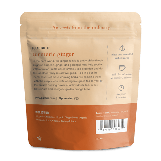 Organic Turmeric Ginger Green Tea, Full Leaf, in Pyramid Tea Bags by Paromi Tea