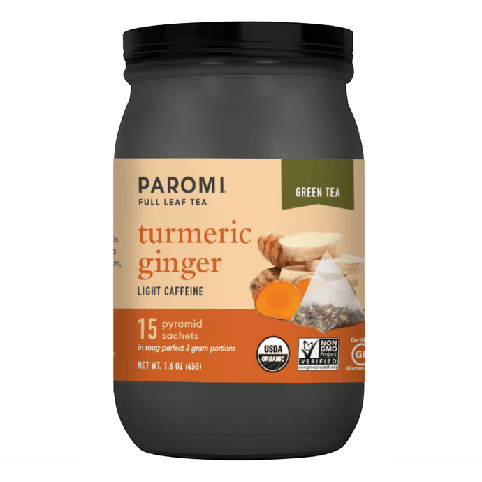 Organic Turmeric Ginger Green Tea, Full Leaf, in Pyramid Tea Bags by Paromi Tea