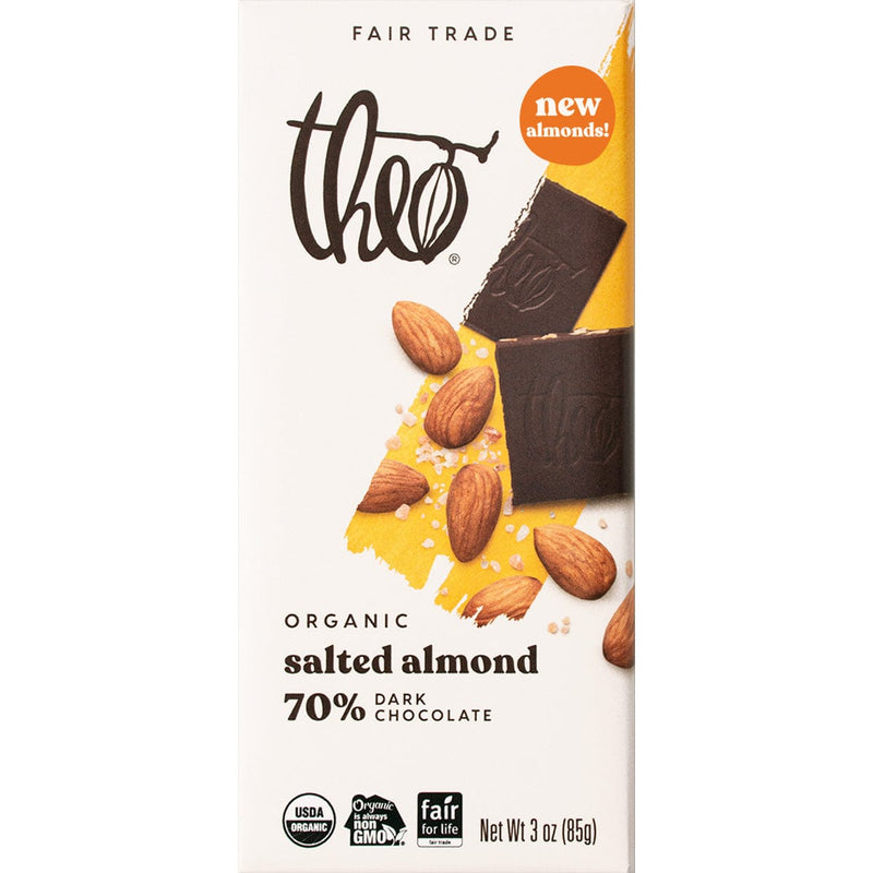 Load image into Gallery viewer, Theo&#39;s Salted Almond 70% Dark Chocolate
